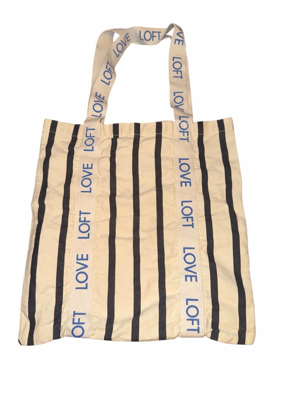 LOFT Cream and Black Striped Canvas Tote with Blue Logo Straps